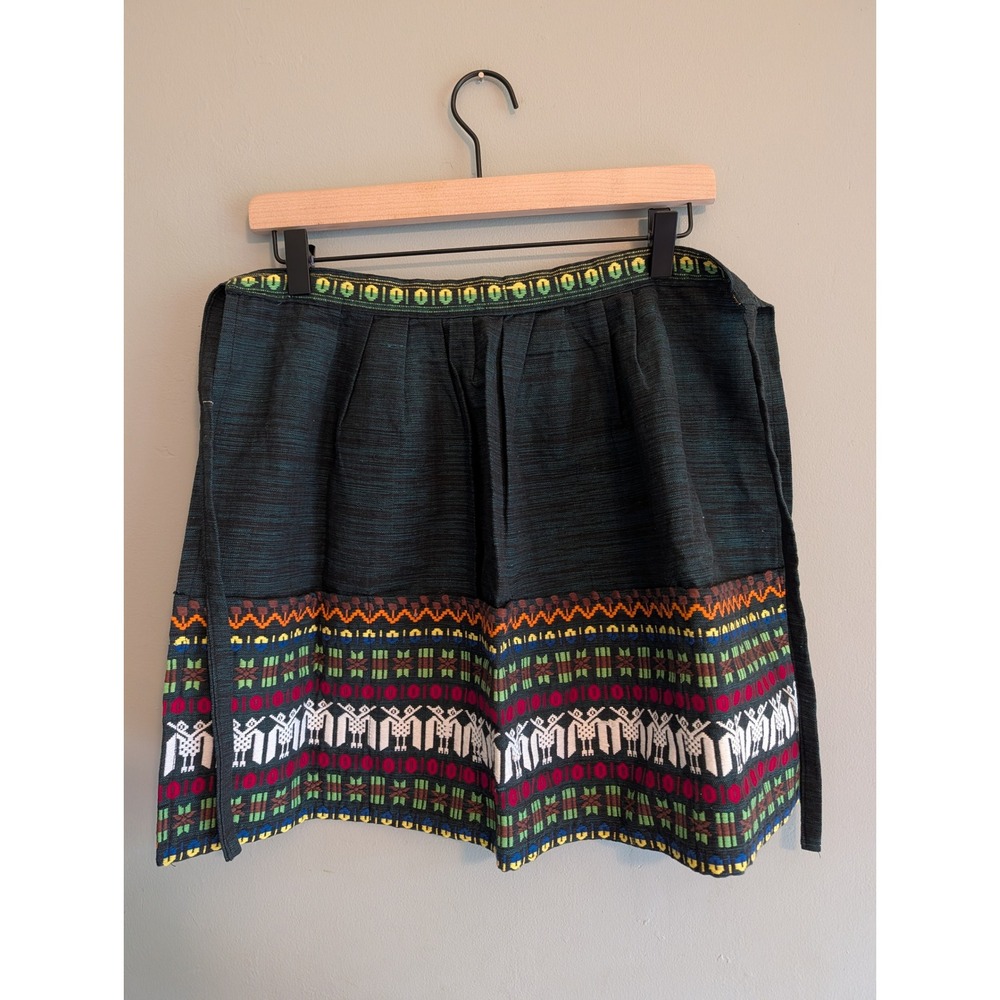 Vintage Hand Woven Embroidered Half Apron Teal Boho Folk Bird Motif Colorful